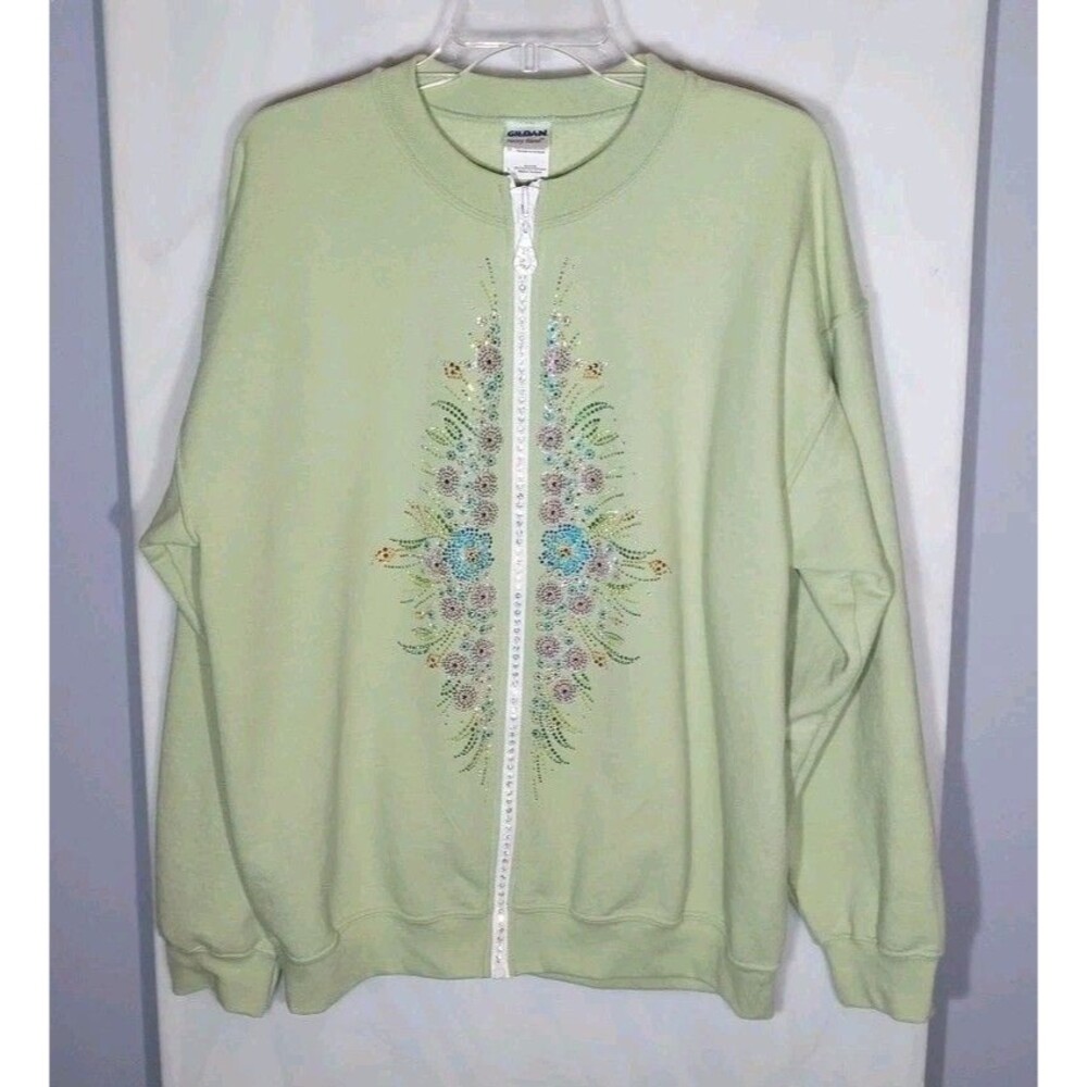 Womens Upcycled Fleece Jacket Sz L Green Floral Embellished Rhinestone Full Zip
